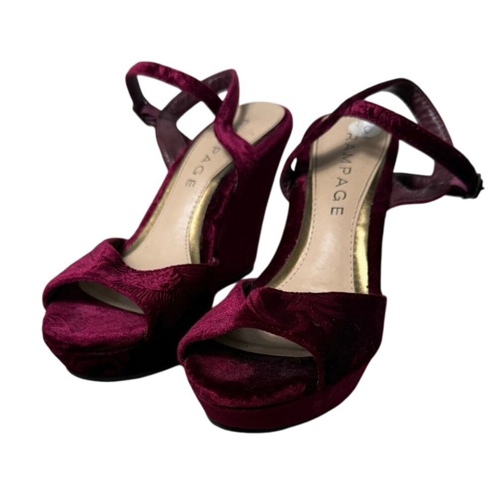 Vtg Y2K Rampage Crissy 6 Merlot Floral Velvet Platform Wedge Ankle Strap Sandals - Picture 5 of 7